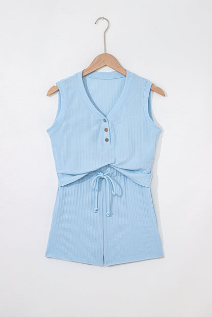 Beau Blue Ribbed Button V Neck Tank Top and Shorts Set