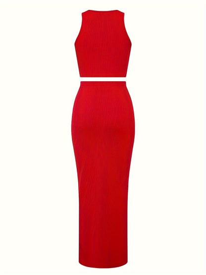 Trendy Two-Piece Set - Sexy Scoop Neck Sleeveless Tank Top & Flowy Bag Hip Maxi Skirt Outfit - Comfortable, Versatile, and Chic Women's Clothing for Everyday Wear