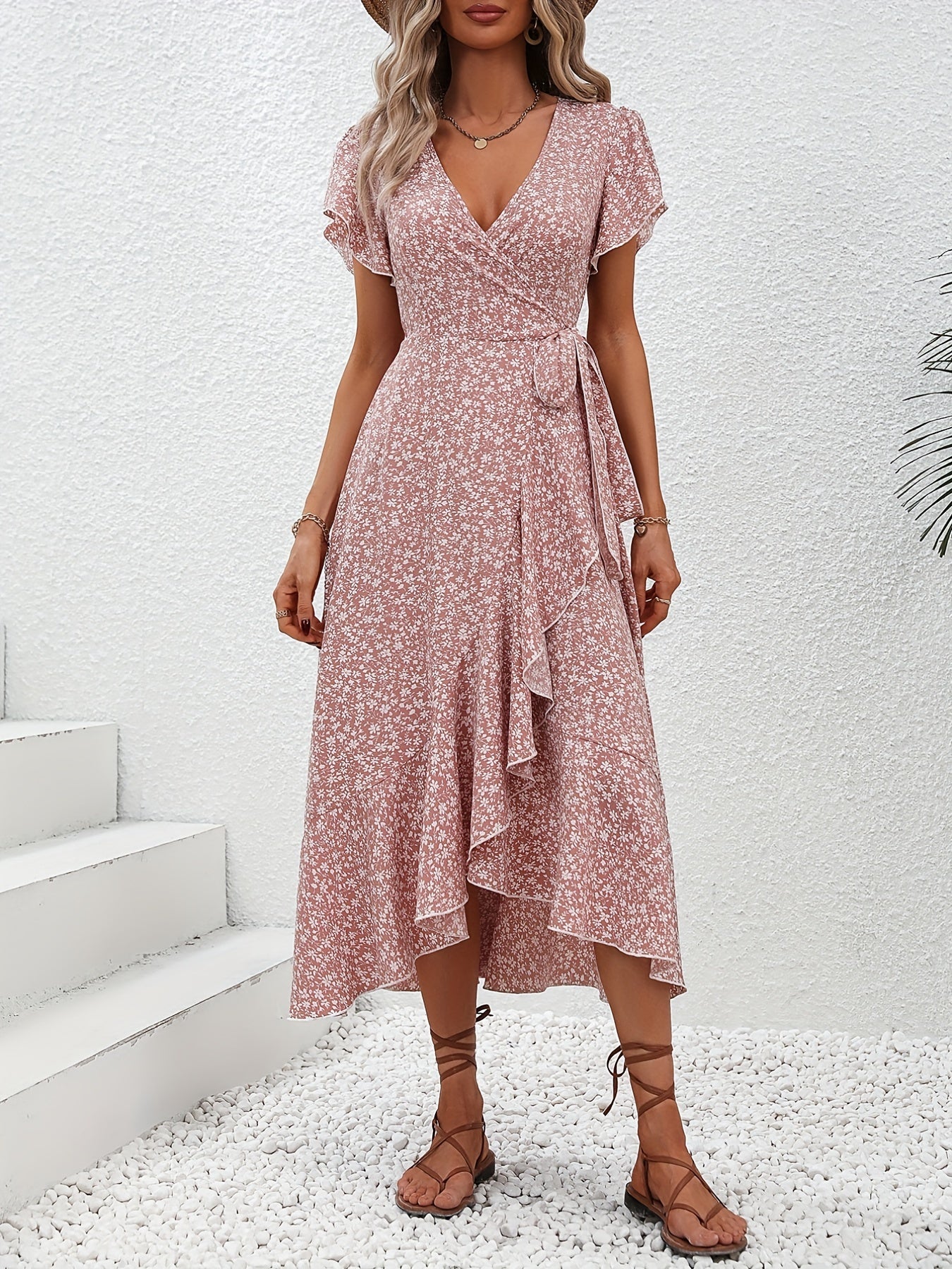 Women's Spring & Summer Dress - Elegant Floral Print, Surplice Neck with Tie, Casual Flutter Sleeves & Ruffle Hem, Perfect for Every Day & Special Occasions