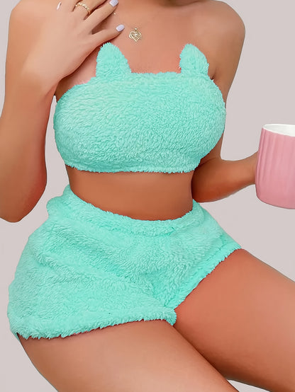 Sexy Solid Plush Lounge Set, Tube Crop Top & Elastic Shorts, Women's Loungewear for fall & winter