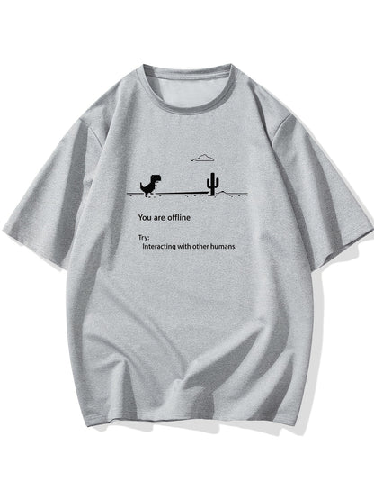 Men's Plus Size 'You are offline...' Print Stretch T-shirt, Oversized Short Sleeve Tops For Spring Summer, Causal Loose Clothing For Big And Tall Guys