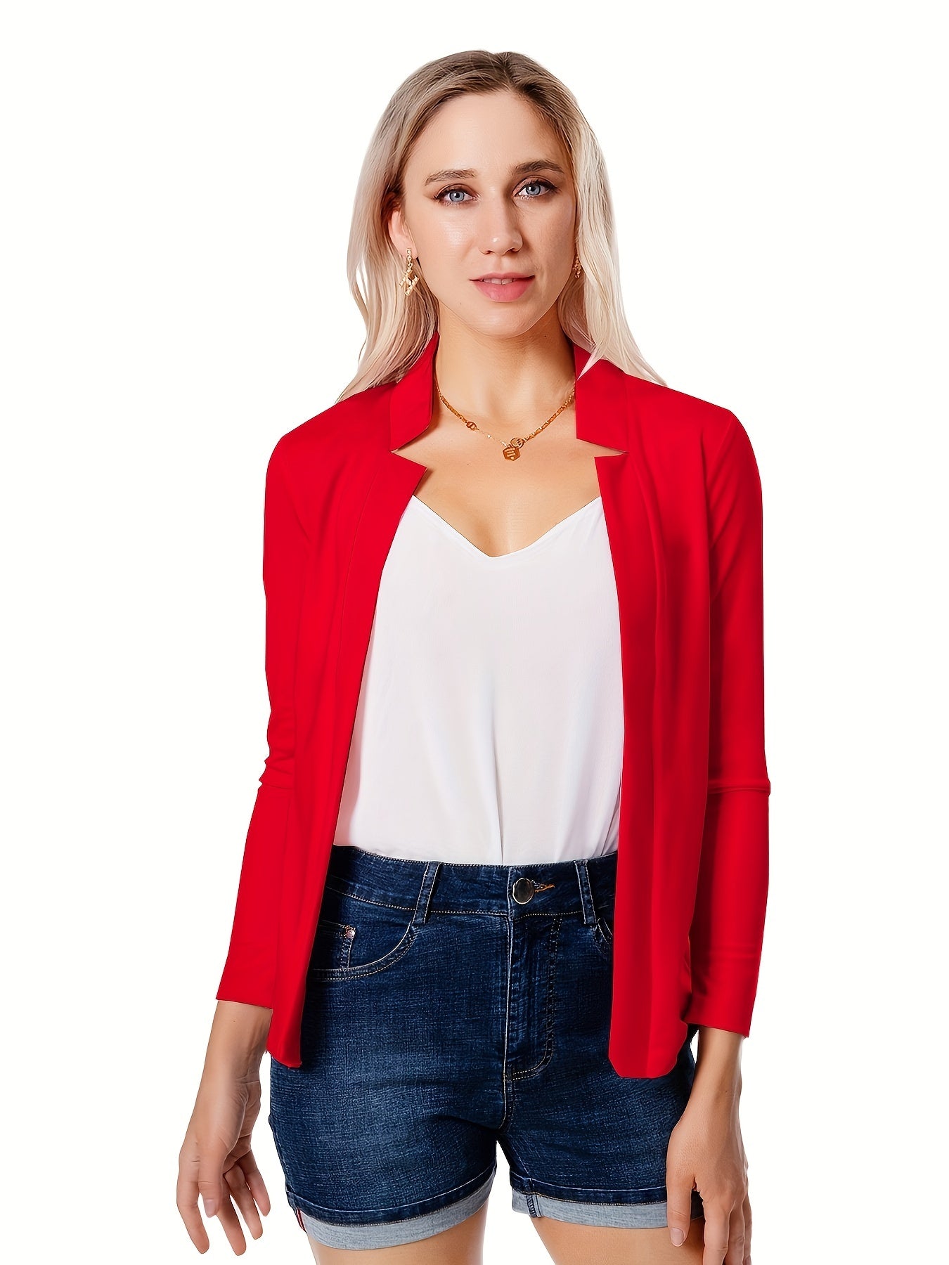 Solid Open Front Blazer, Casual Long Sleeve Blazer For Office & Work, Women's Clothing