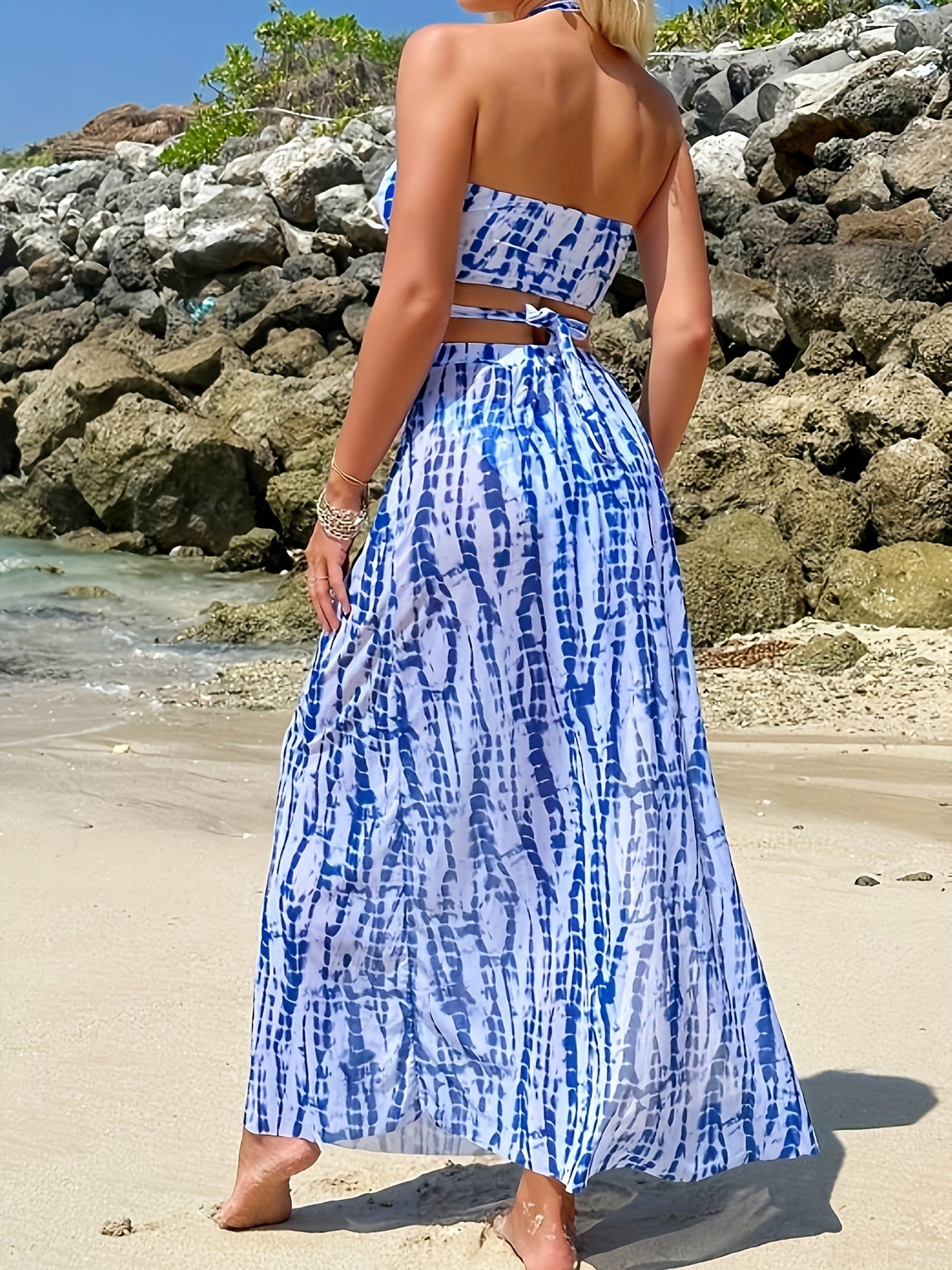 3 Piece Elegant Striped Print Crisscross Tie Strap Halter Bikini Rash Guard Set - Women's Swimwear with Split Side Cover Up Skirt and Flattering Fit - Perfect for Beach and Pool Activities