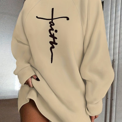 Faith Print Turtleneck Dress, Casual Loose Long Sleeve Dress, Women's Clothing