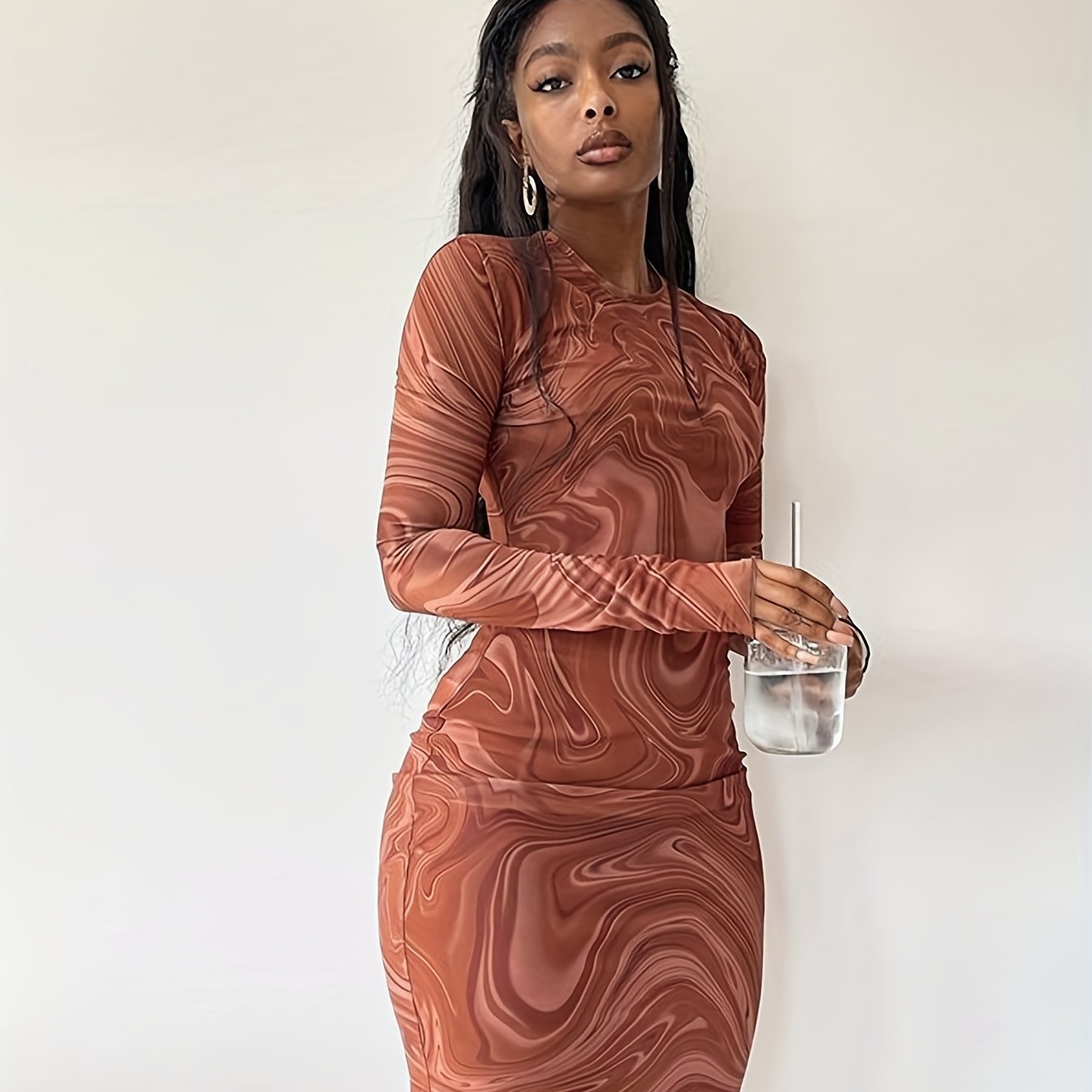 Abstract Ripple Print Dress, Sexy Mock Neck Long Sleeve Dress, Women's Clothing