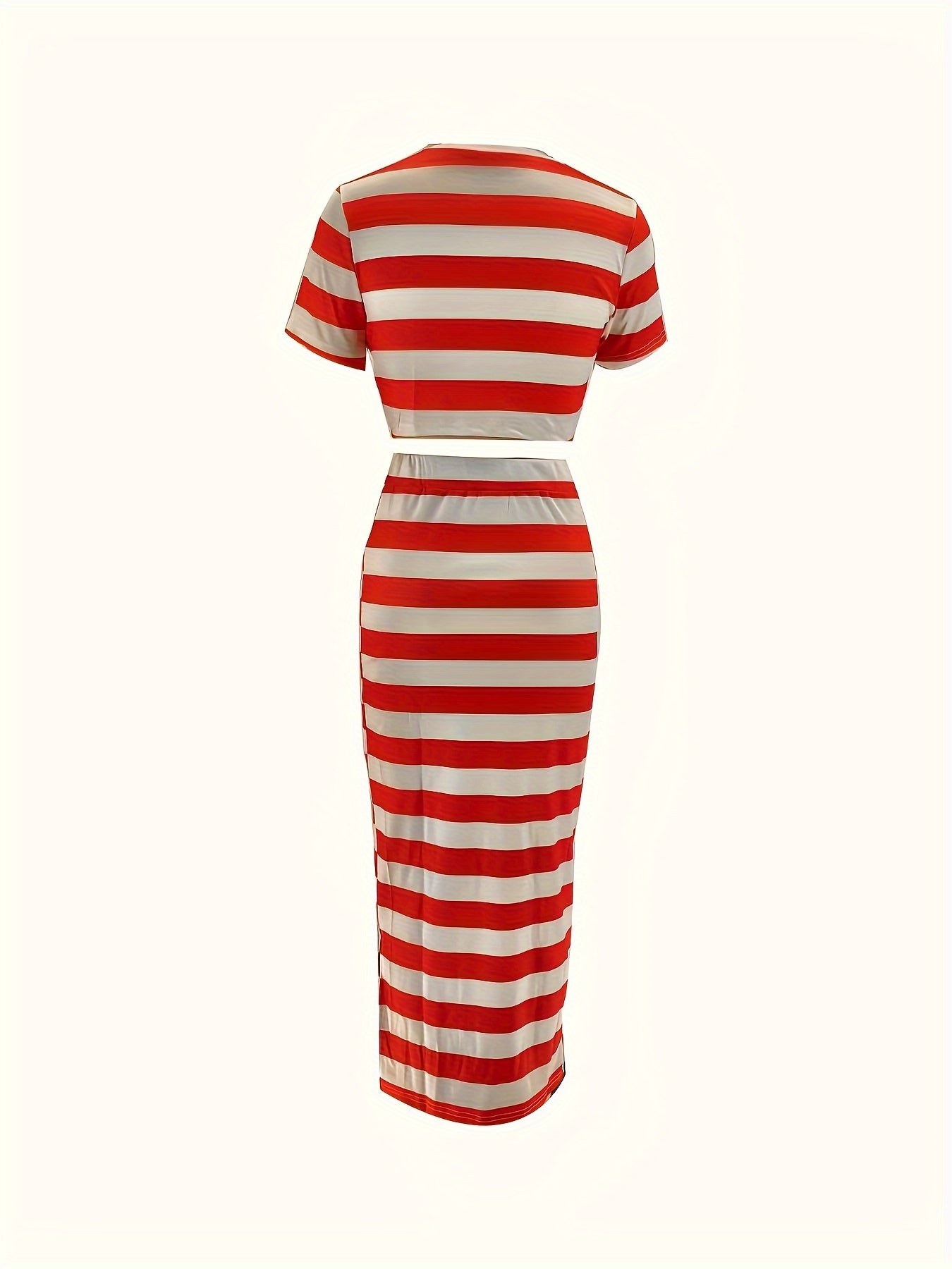 Striped Pattern Skirt Set Outfit - Stylish Crew Neck Short Sleeve Crop Top & Flowy Skirt with Relaxed Fit, Casual and Comfortable Style - Ideal for Spring and Summer, Womens Clothing