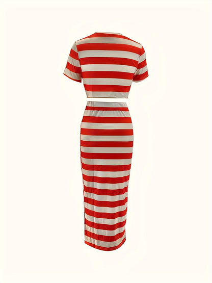 Striped Pattern Skirt Set Outfit - Stylish Crew Neck Short Sleeve Crop Top & Flowy Skirt with Relaxed Fit, Casual and Comfortable Style - Ideal for Spring and Summer, Womens Clothing