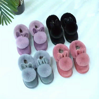2025 Couples Slippers for Women & Men - Winter Warm Single Ball Design with Cute Rabbit-Ear Accents | Thick Sole Soft-Sole House Shoes | Cozy Solid-Color Indoor/Outdoor Slides | Lightweight Quiet Home Footwear
