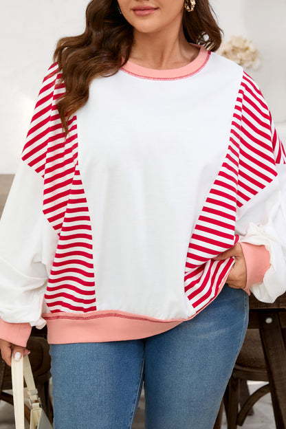 Red Stripe Color Block Patchwork Seam Detail Plus Size Sweatshirt