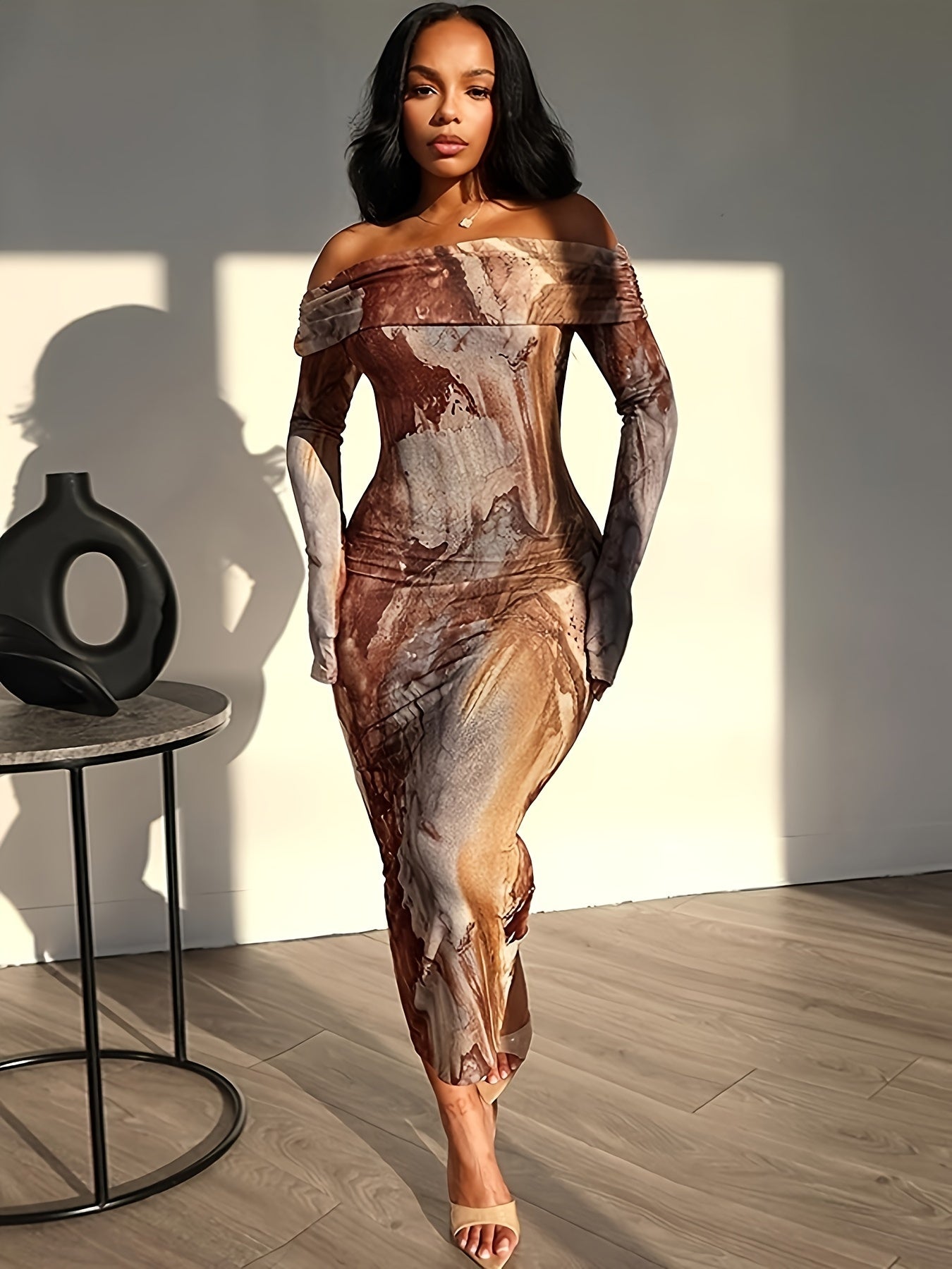 Tie Dye Off Shoulder Dress, Elegant Long Sleeve Bodycon Dress For Party & Club, Women's Clothing Wedding occasion engagement party ceremony