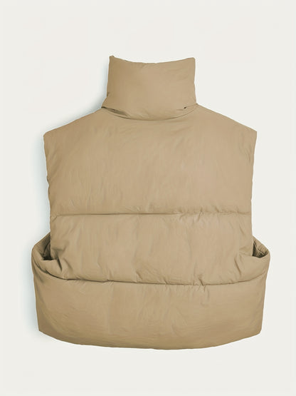 Women'S Elegant High-Neck Padded Vest with Drawstring Detail - Solid Color, Thick Warm Winter Sleeveless Jacket Vest, Casual Streetwear Style, 200g/m² Fabric Weight, Autumn/Winter Essential