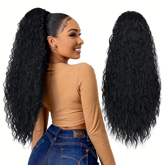 Long Curly Drawstring Ponytail For Women, 55.88cm Black Curly Ponytail Hair Extension, Synthetic Clips In Drawstring Ponytail For Daily Use (Natural Black)