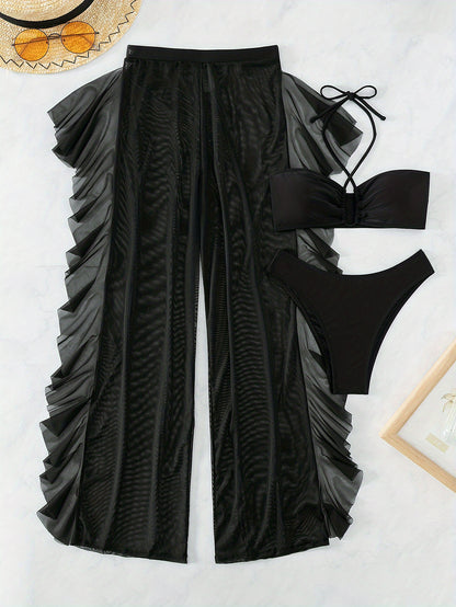 3-Piece Solid Color Halter Bikini Set - Flattering Low-Rise Bottom with Chic Ruffle Trim, Stylish Halter Neck Top & Sheer Beach Cover Up Pants - Elegant, Modern Womens Swimwear for Valentines Day