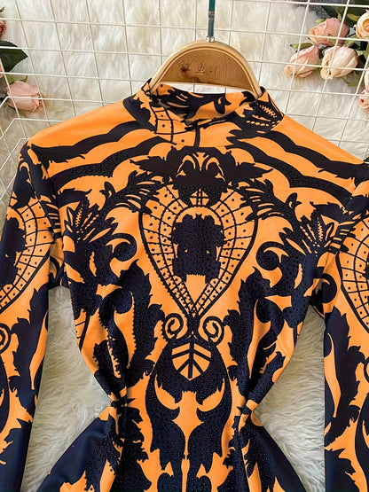 Women'S Tropical Print Bodysuit with Rhinestone Detail - Slim Fit, Stand Collar, Long Sleeve, All-Season Versatile Jumpsuit for Casual or Stylish Outfits, Stylish Outfit Bodysuit | Stand Collar Top | Polyester Fabric, Bodysui