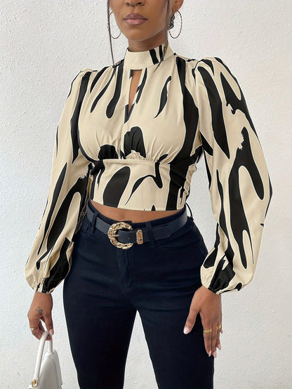 Graphic Print Mock Neck Crop Blouse, Elegant Long Sleeve Cut Out Shirred Blouse, Women's Clothing