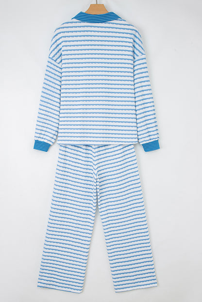 Sky Blue Stripe Collared Pullover Top and Drawstring Pant Set