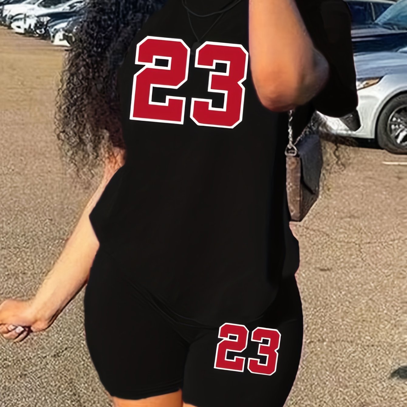 23 Number Print Two-Piece Outfit - Casual Short Sleeve T-Shirt & Biker Shorts Set - Comfortable, Relaxed Fit, Soft Fabric, Summer Essentials for Women