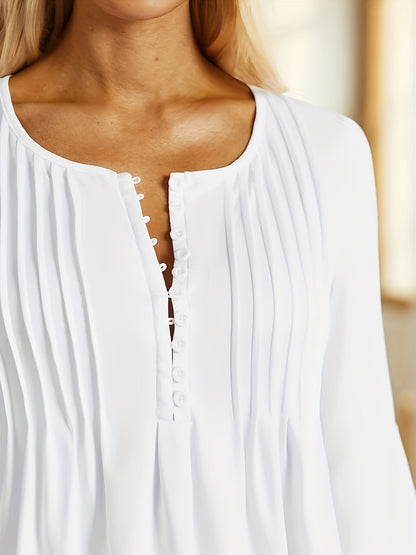 [Women's Casual Blouse] Lightweight Women's Casual Solid Color Blouse | Regular Fit Flat Henley Neck with Ruched Detail | Spring/Summer/Fall Fabric