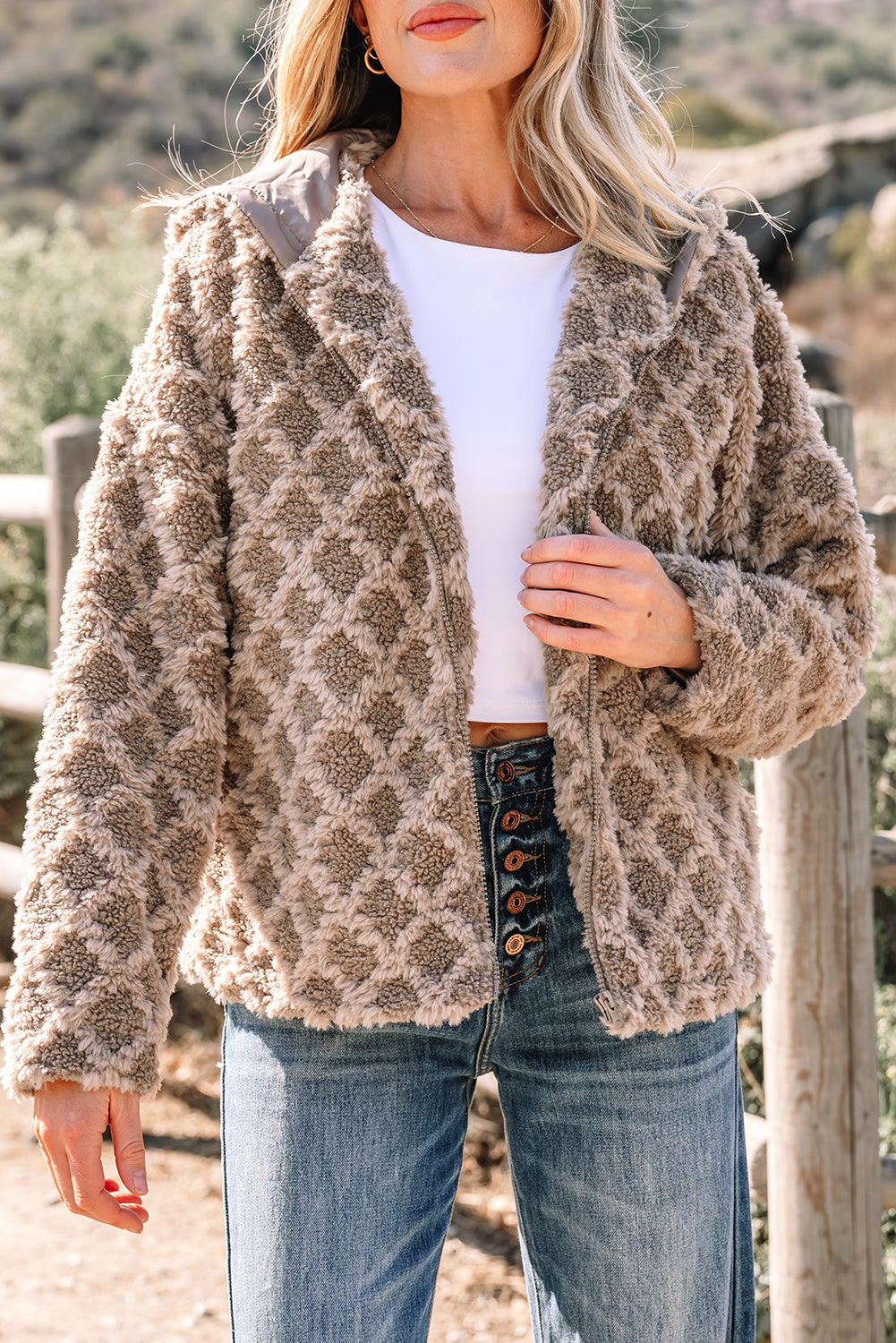 Chestnut Sherpa Rhombus Zip Up Side Pocket Hooded Jacket