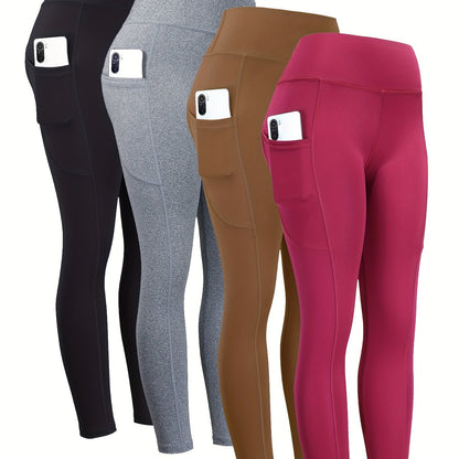 4pcs High Waist Yoga Leggings With Pocket For Women, Solid Color, Tight Fit, Women's Activewear
