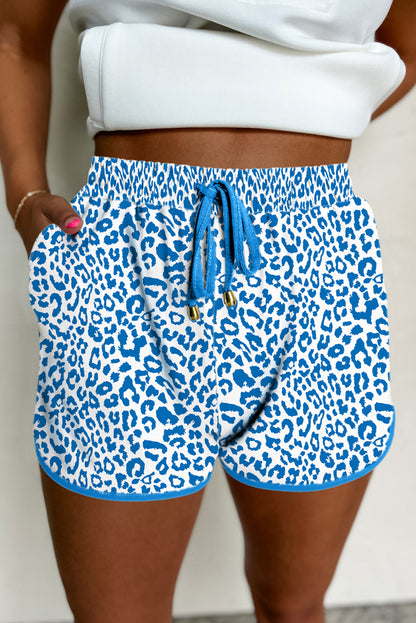Blue Leopard Elastic Waistband Lace up Contrast Trim Casual Shorts
