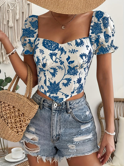 Floral Print Sweetheart Neck Blouse, Elegant Short Puff Sleeve Hanky Hem Shirred Crop Top For Spring & Summer, Women's Clothing