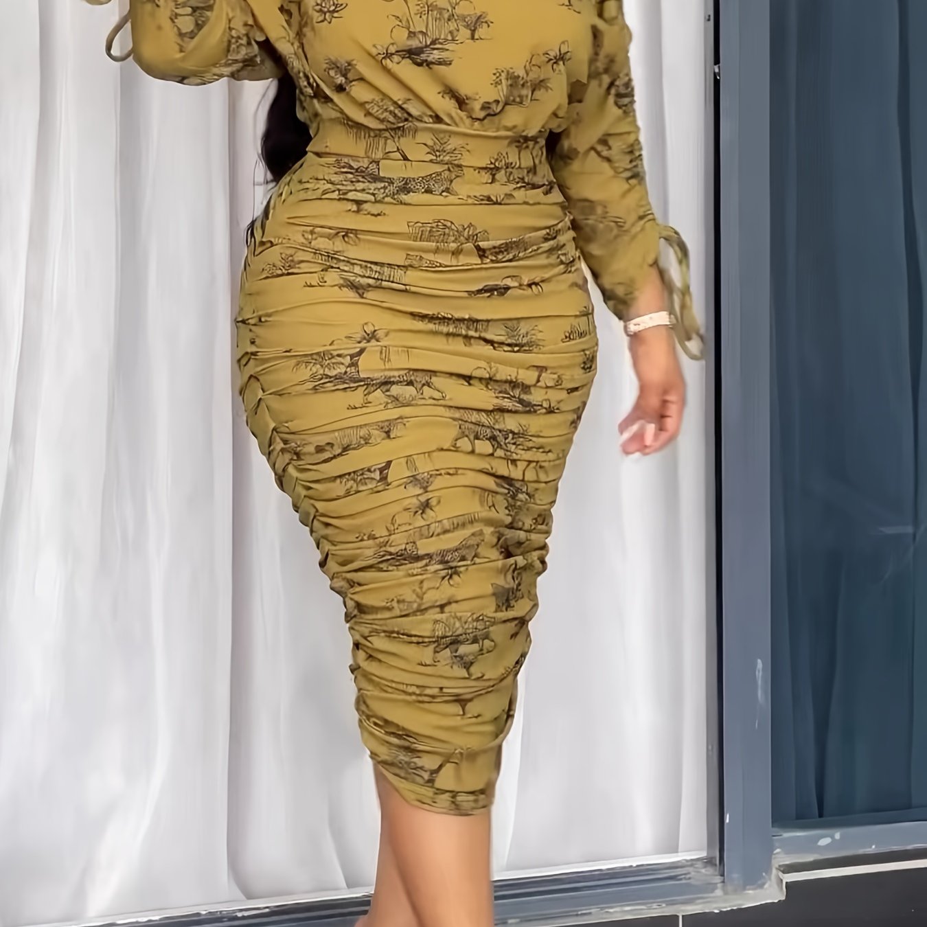 Women's Elegant Off Shoulder Ruched Drawstring Crop Top and High Waist Skirt Set - Polyester Knit Fabric with Elastane, All Over Vacation Print, Versatile for All Seasons