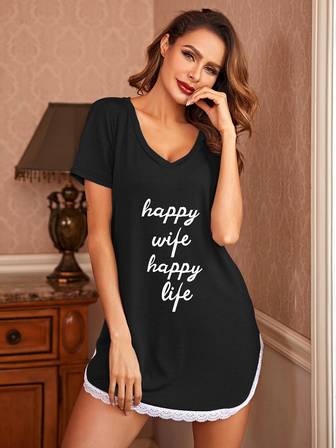 [Sexy Nightgown] Soft Gray V-Neck Nightgown | Women's Sexy Letter Print with Lace Trim - "Happy Wife Happy Life" Design, Comfortable Home Wear, Cozy Sleepwear, Playful Design