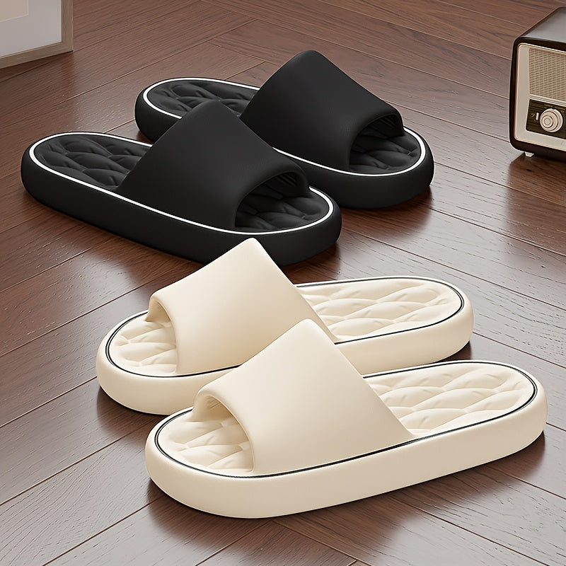 [Comfortable Slides] Comfortable Unisex EVA Slides | Non-Slip Indoor/Outdoor Slippers for Men and Women, Black with White Trim, Textured Sole for Enhanced Grip, Perfect for Home, Bathroom, or Casual Use, House Slippers