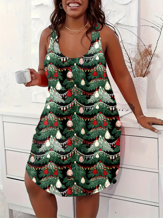 Women's Elegant Christmas Tree Print Nightgown - Soft Polyester Sleeveless A-Line Sleep Dress with Exposed Shoulder Neckline, Vibrant Red Green Golden White Print, All-Season Machine Washable Plus Size Holiday Sleepwear for C