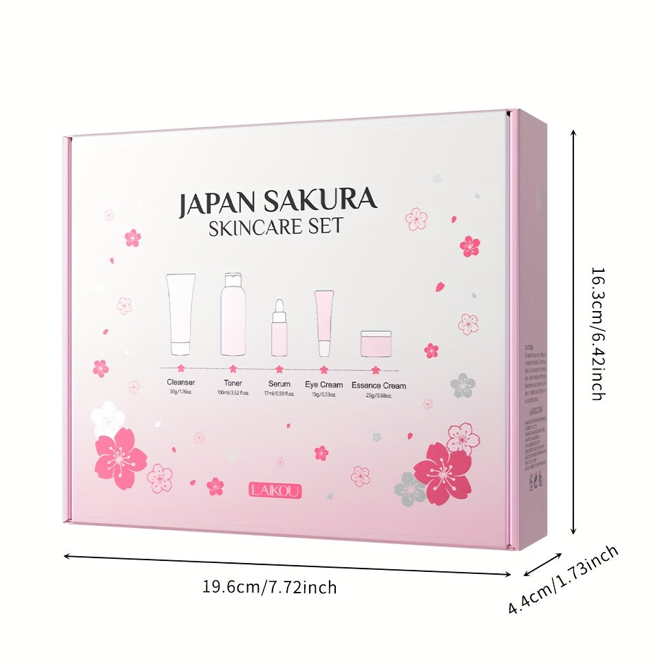 LAIKOU Cherry Blossom Five-Piece Set Gift Box Moisturizing & Hydrating Skincare Essence Cream, Face Care Kit, Gentle Cleanser, Toner, Eye Cream, Mask, Body Wash, Body Scrub, Body Lotion, Hand Cream, Lip Balm, Suitable for All