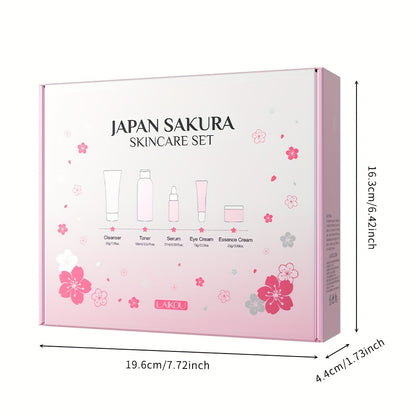 LAIKOU Cherry Blossom Five-Piece Set Gift Box Moisturizing & Hydrating Skincare Essence Cream, Face Care Kit, Gentle Cleanser, Toner, Eye Cream, Mask, Body Wash, Body Scrub, Body Lotion, Hand Cream, Lip Balm, Suitable for All