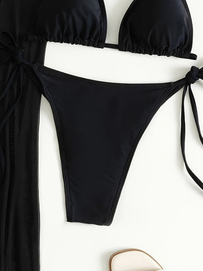 3-Piece Semi-Sheer Mesh Cover-Up Bikini Set - Long Skirt, Halter Neck Top, Side-Tie Bottoms, Black, Womens Beachwear for Summer - Stylish, Comfortable, and Versatile Swimwear