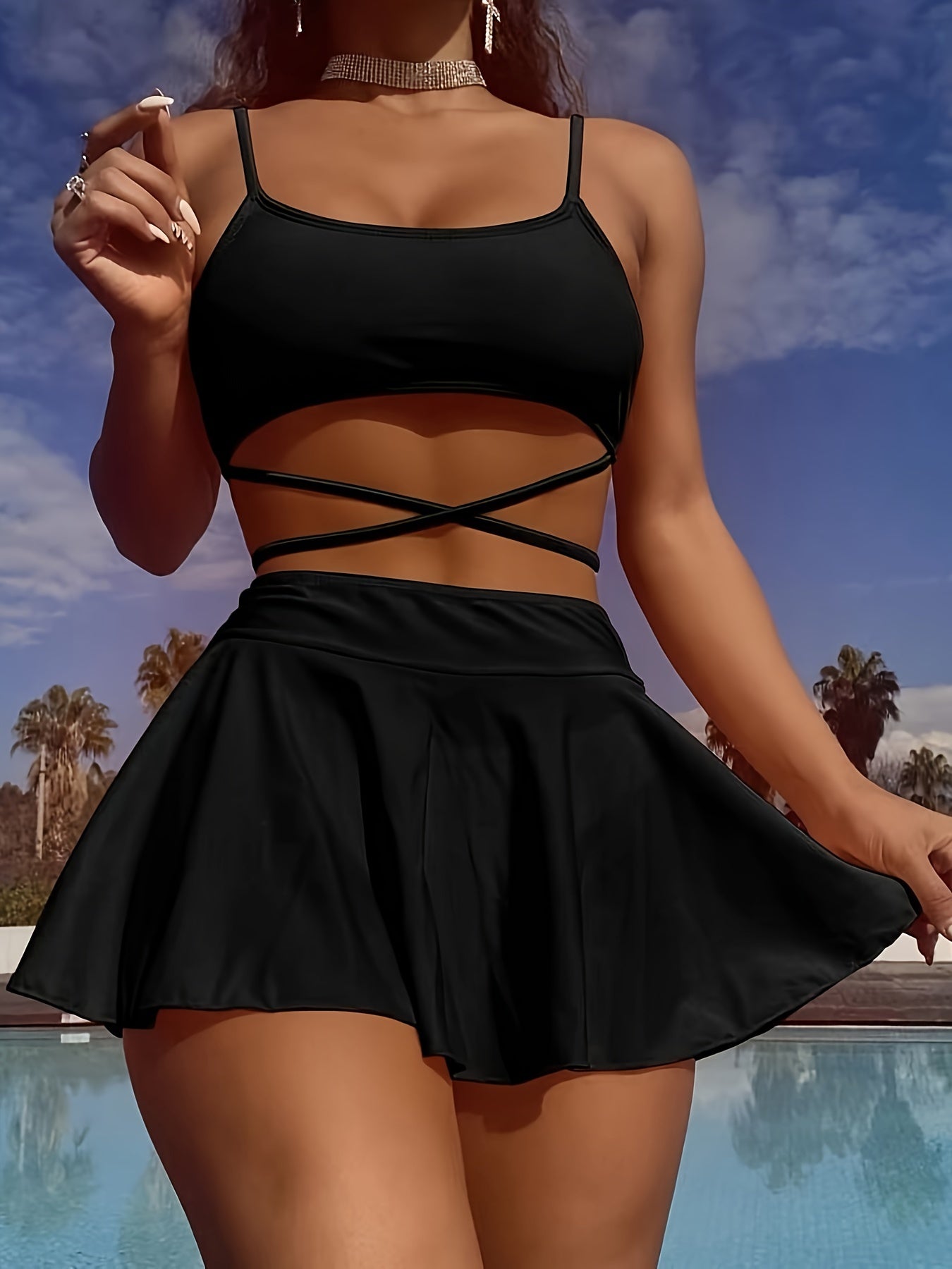Elegant Solid-Color 3-Piece Swimwear: Cross-Strap Bikini & Pleated Skirt Cover-Up - Comfortable, Stretchy, and Durable