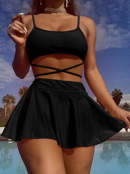 Elegant Solid-Color 3-Piece Swimwear: Cross-Strap Bikini & Pleated Skirt Cover-Up - Comfortable, Stretchy, and Durable