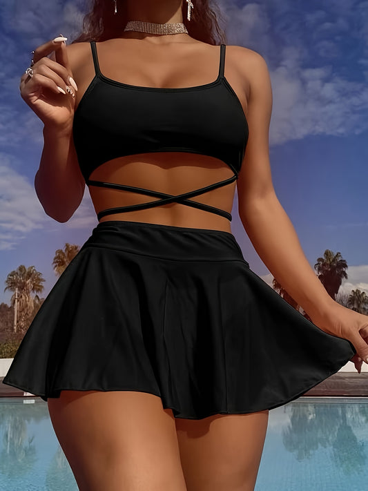 Elegant Solid-Color 3-Piece Swimwear: Cross-Strap Bikini & Pleated Skirt Cover-Up - Comfortable, Stretchy, and Durable