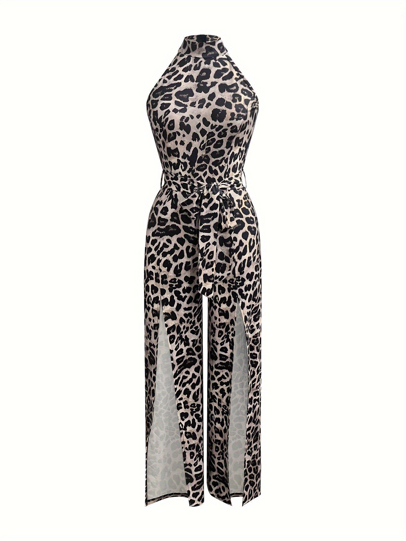 Sultry Leopard Print Bodycon Jumpsuit - High-Waisted, Open Back, Polyester Elastane Blend, All-Season Fashion for Women, Sexy and Confident Style