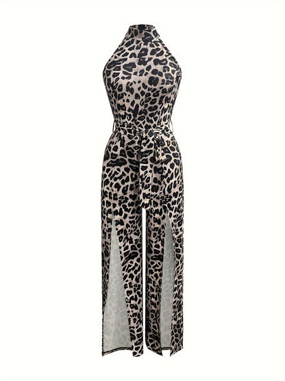 Sultry Leopard Print Bodycon Jumpsuit - High-Waisted, Open Back, Polyester Elastane Blend, All-Season Fashion for Women, Sexy and Confident Style