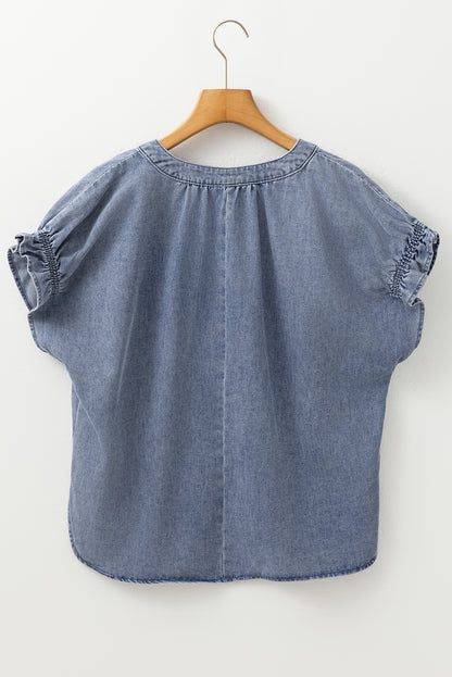 Dusk Blue V Neck Ruffled Short Puff Sleeve Denim Top