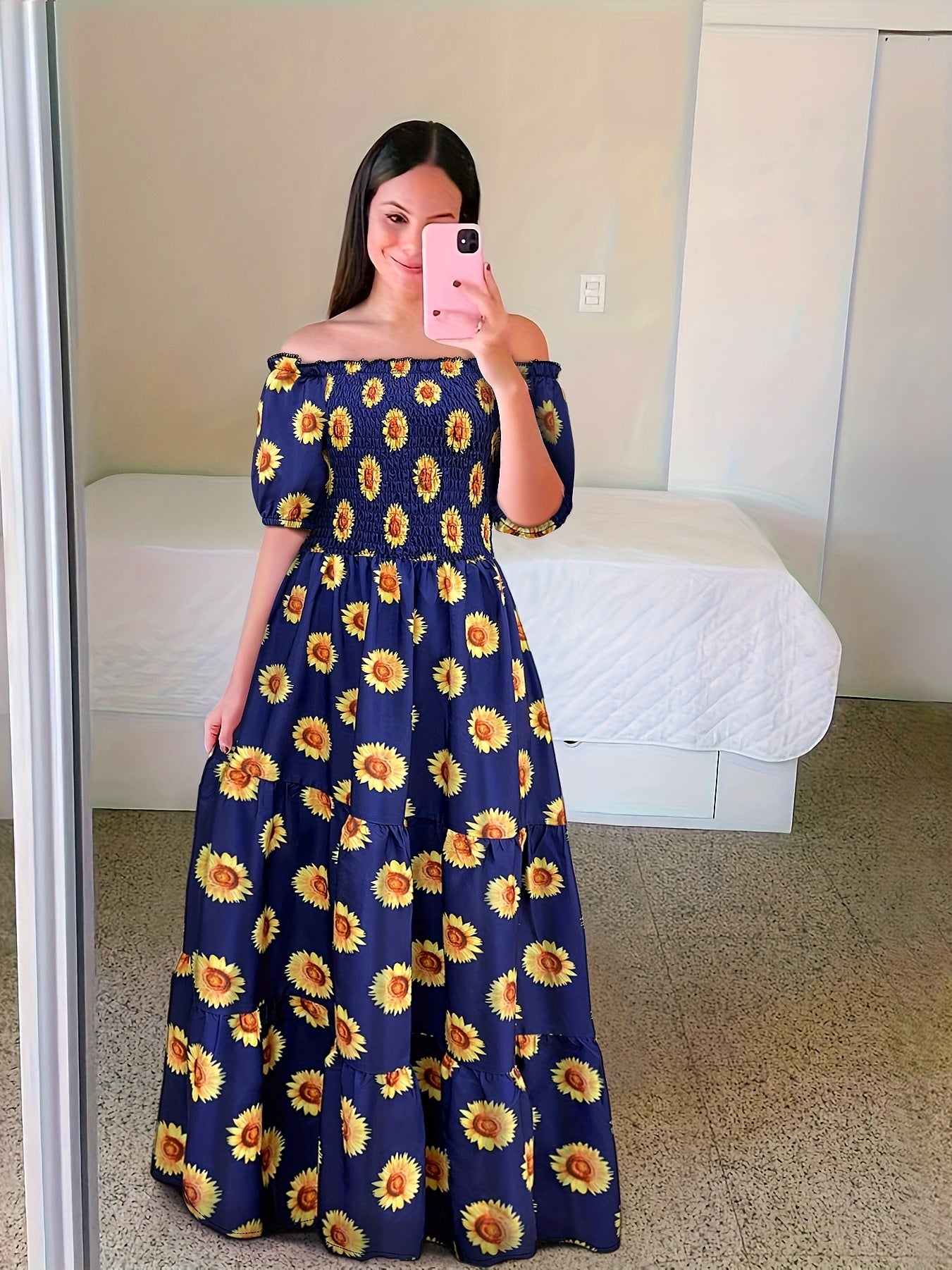 Gradient Print Tiered Dress, Casual Off Shoulder Shirred Party Dress, Women's Clothing