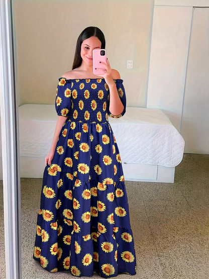 Gradient Print Tiered Dress, Casual Off Shoulder Shirred Party Dress, Women's Clothing