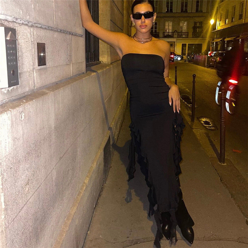 Ruffle Trim Split Dress, Sexy Off Shoulder Bodycon Party Club Dress, Women's Clothing