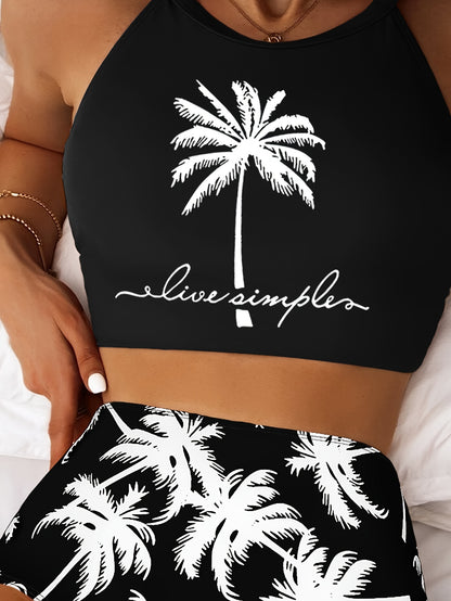 Chic Coconut Tree Print Bikini Set for Women - High Stretch, Comfort Fit Swimwear with High-Waist Bottoms
