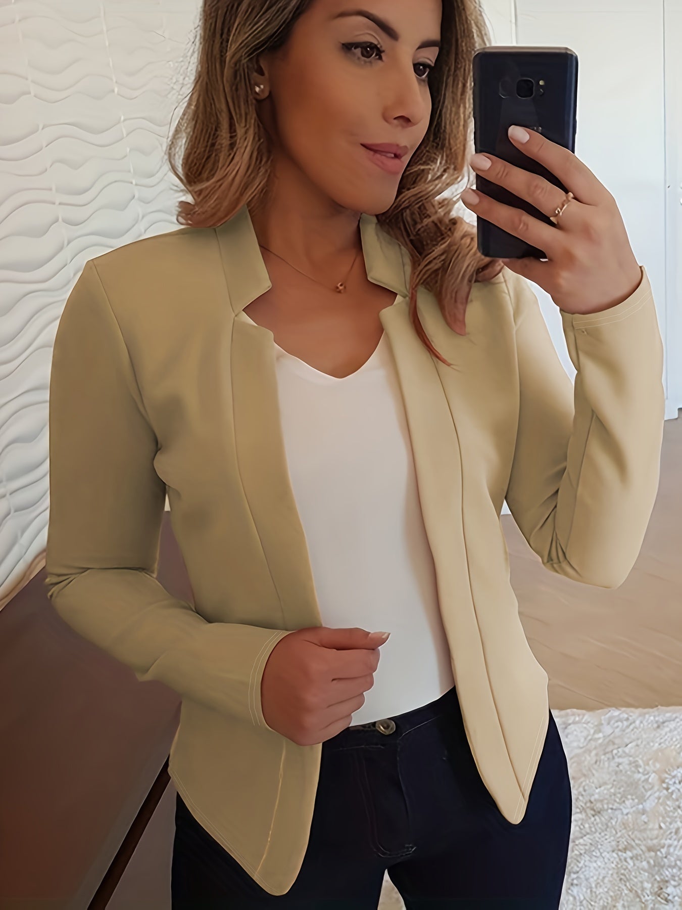 Solid Open Front Blazer, Casual Long Sleeve Blazer For Office & Work, Women's Clothing