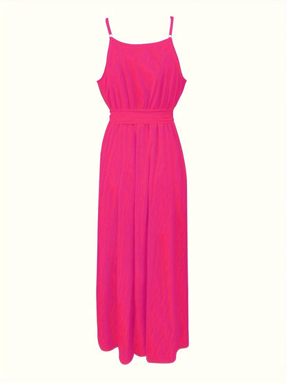 Vibrant Ruffle Trim Cami Dress - Sleeveless, Tie-Waist, Maxi Length, Flowy, Feminine, Summer Essential for Women - Perfect for Outdoor, Party, and Daily Wear