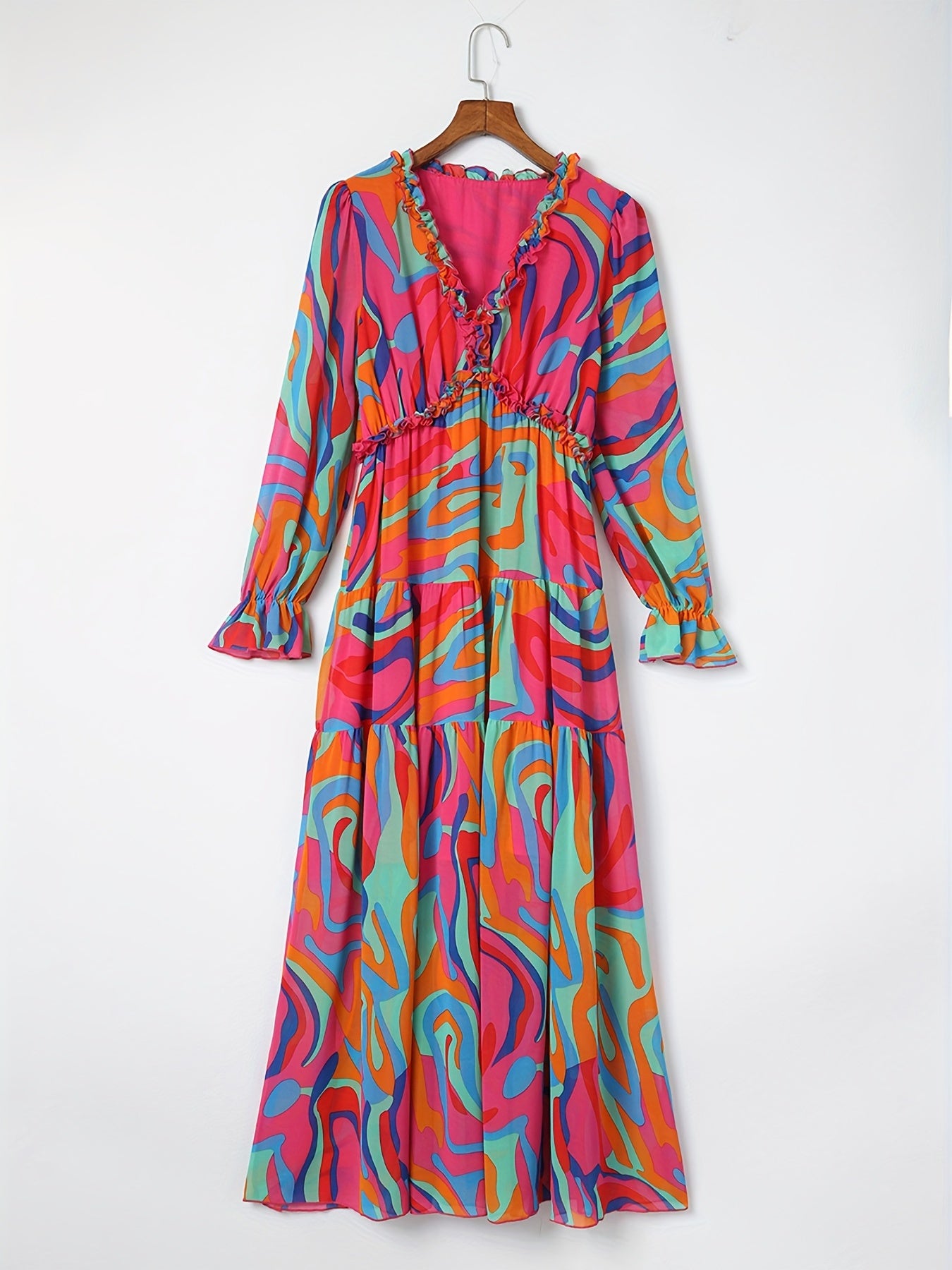 Lightweight Chiffon Floral Maxi Dress for Women - V-Neck, Long Sleeve, Layered Ruffle Hem, Bell-Bottom Maxi with Adjustable Waist Cincher, Perfect for Spring/Summer/Fall Vacations, Vacation Dress | Flowing Maxi Dress | Flowin