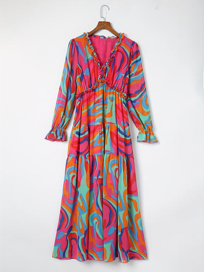 Lightweight Chiffon Floral Maxi Dress for Women - V-Neck, Long Sleeve, Layered Ruffle Hem, Bell-Bottom Maxi with Adjustable Waist Cincher, Perfect for Spring/Summer/Fall Vacations, Vacation Dress | Flowing Maxi Dress | Flowin