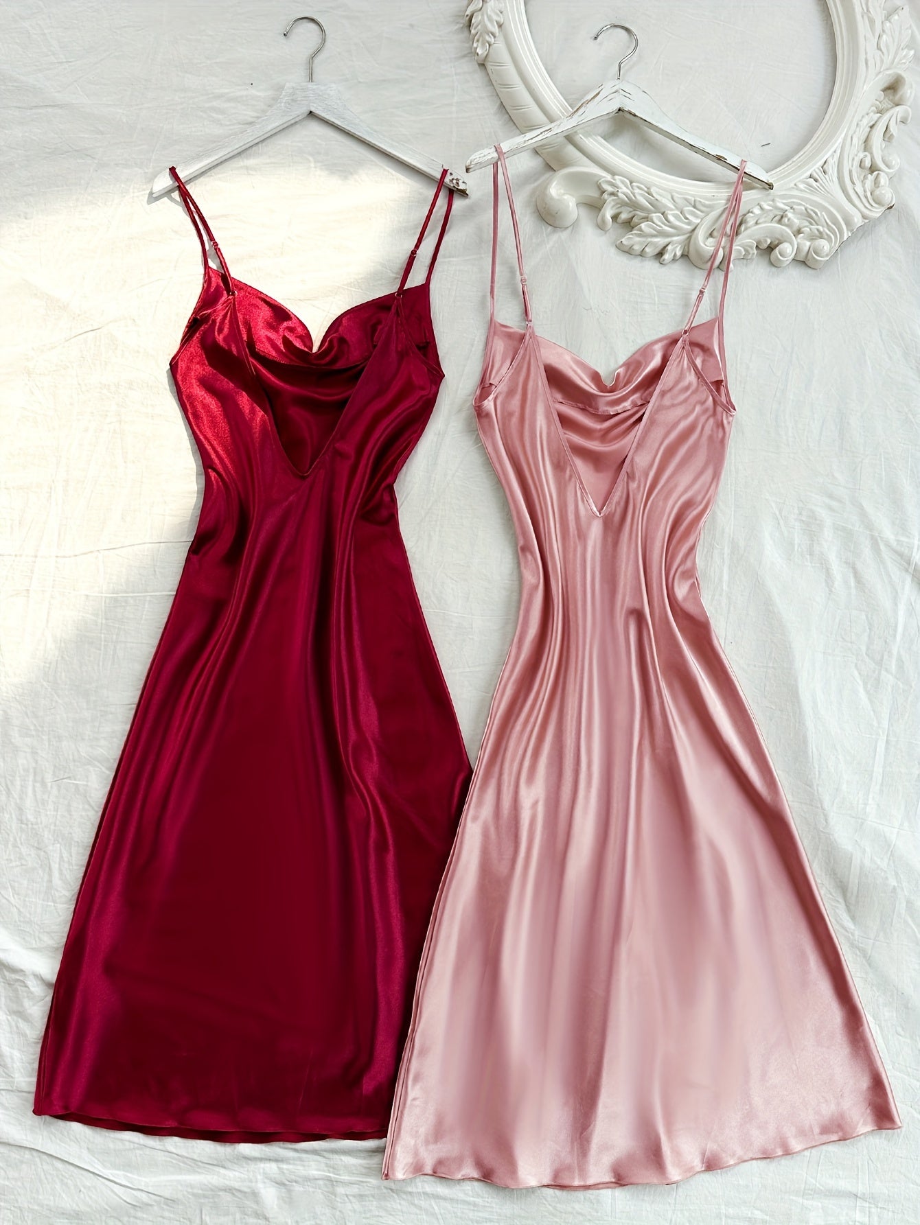 2 Pcs Women's Elegant Solid Satin Sleepwear Dress, Turtleneck Side Split Backless Midi Slip Dress, Comfortable Nightgown