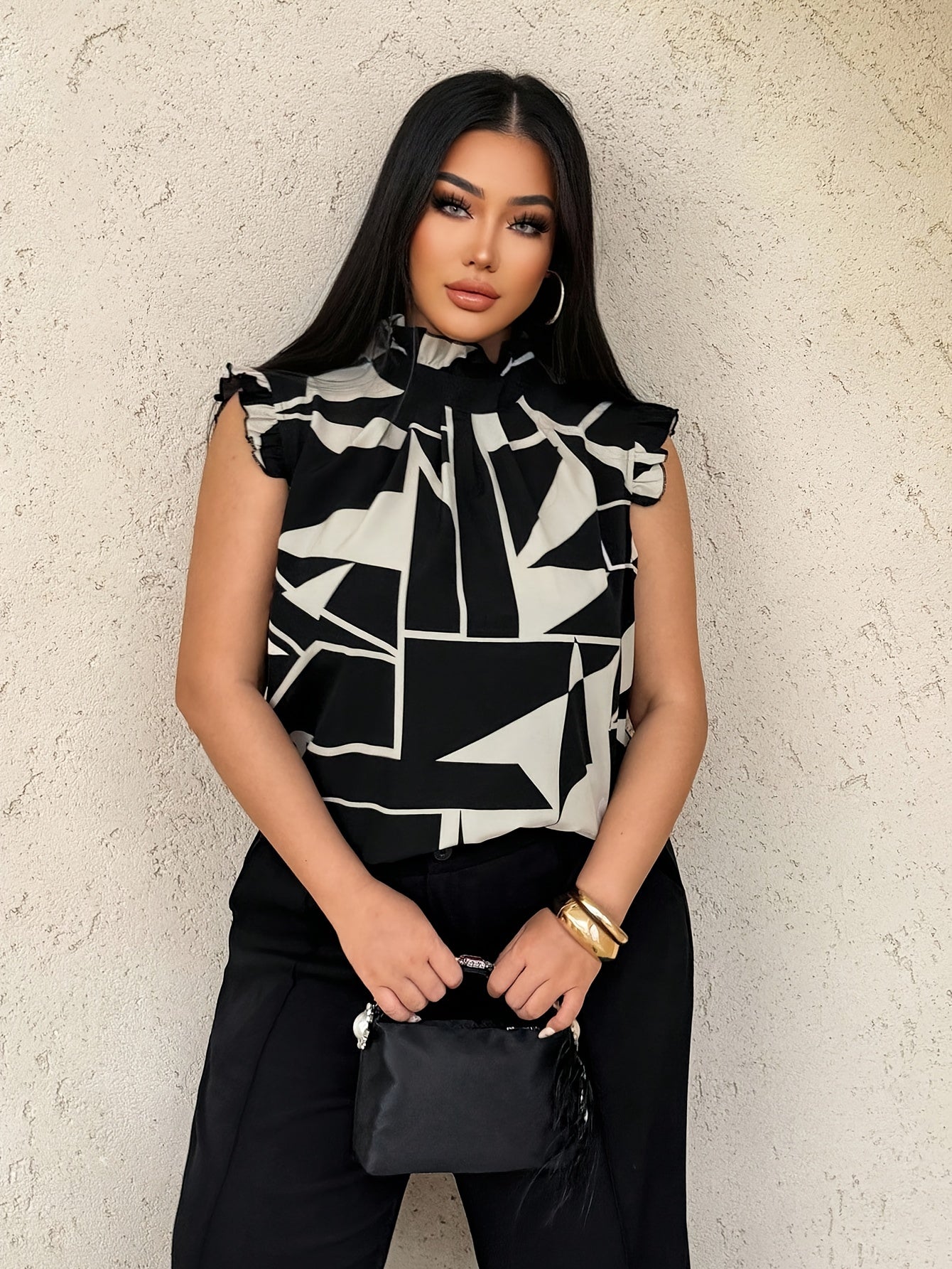 Plus Size - Plus Size - Elegant High Neck Geometric Print Blouse for Women - Sleeveless Summer Top with Asymmetrical Hem, Black & White Design, Non-Stretch Fabric, Perfect for Casual or Stylish Outfits, Summer Fashion | Asymm