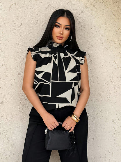 Plus Size - Plus Size - Elegant High Neck Geometric Print Blouse for Women - Sleeveless Summer Top with Asymmetrical Hem, Black & White Design, Non-Stretch Fabric, Perfect for Casual or Stylish Outfits, Summer Fashion | Asymm